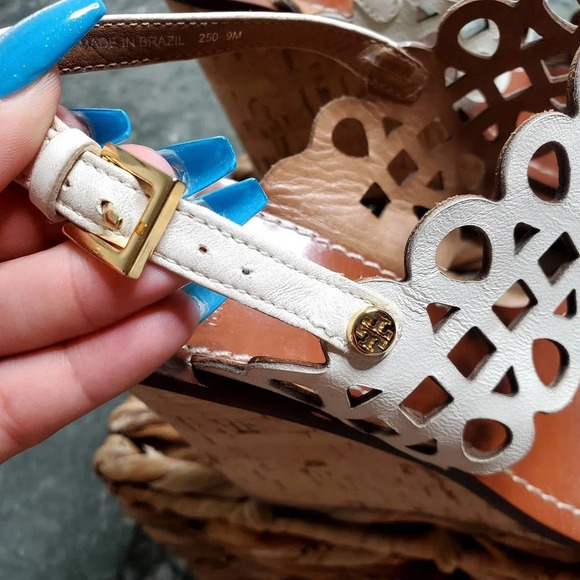 Tory Burch Nori Laser-Cut 115MM Wedge Sandal in Ivory - Picture 5 of 13